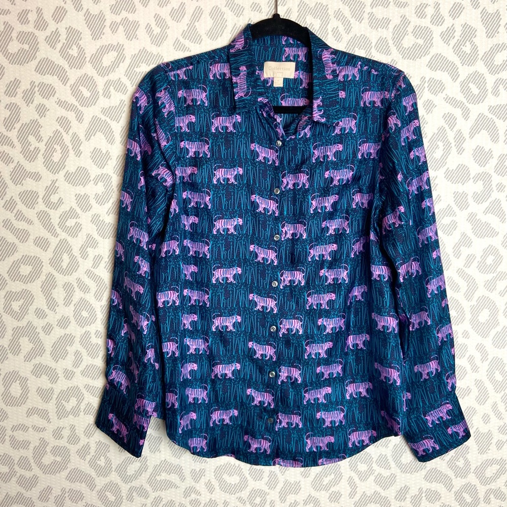 J. Crew Teal Button-Up Blouse with Pink Tiger Print - Picture 6 of 11